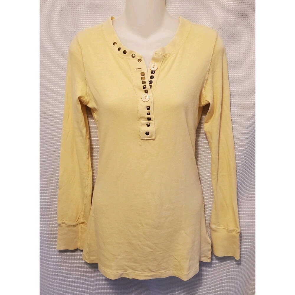 Free People Sz Small Butter Yellow Studded Long Sleeve Heney Top 1/4 Button Boho